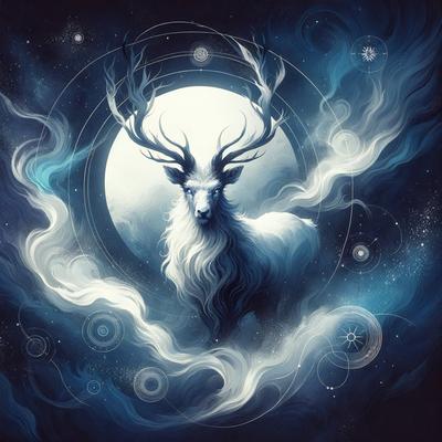 The primary subject of the image is a large, horned animal, possibly a goat or a deer, standing in front of a full moon. The setting appears to be a nighttime scene, with the moon illuminating the sky. The visual style of the image is a combination of digital art and illustration, creating a surreal and dreamy atmosphere. The dominant colors in the image are shades of blue, which contribute to the overall mood of the scene.
